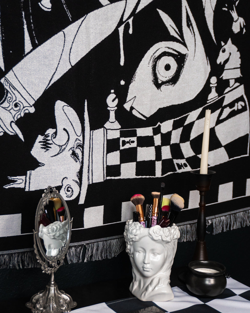 Madness Reigns - Dark Alice Chess Woven Blanket